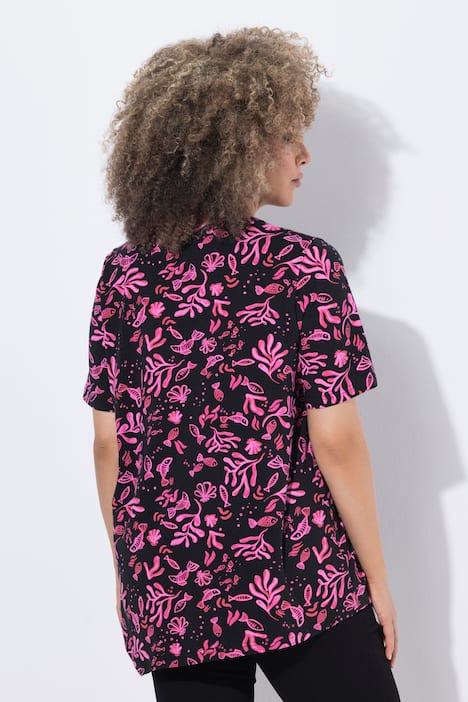 T-shirt, bloemen, puntzoom, V-hals, korte mouwen