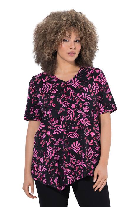 Halenka, květinový vzor, cípatý dolní lem, V výstřih, polodlouhý rukáv