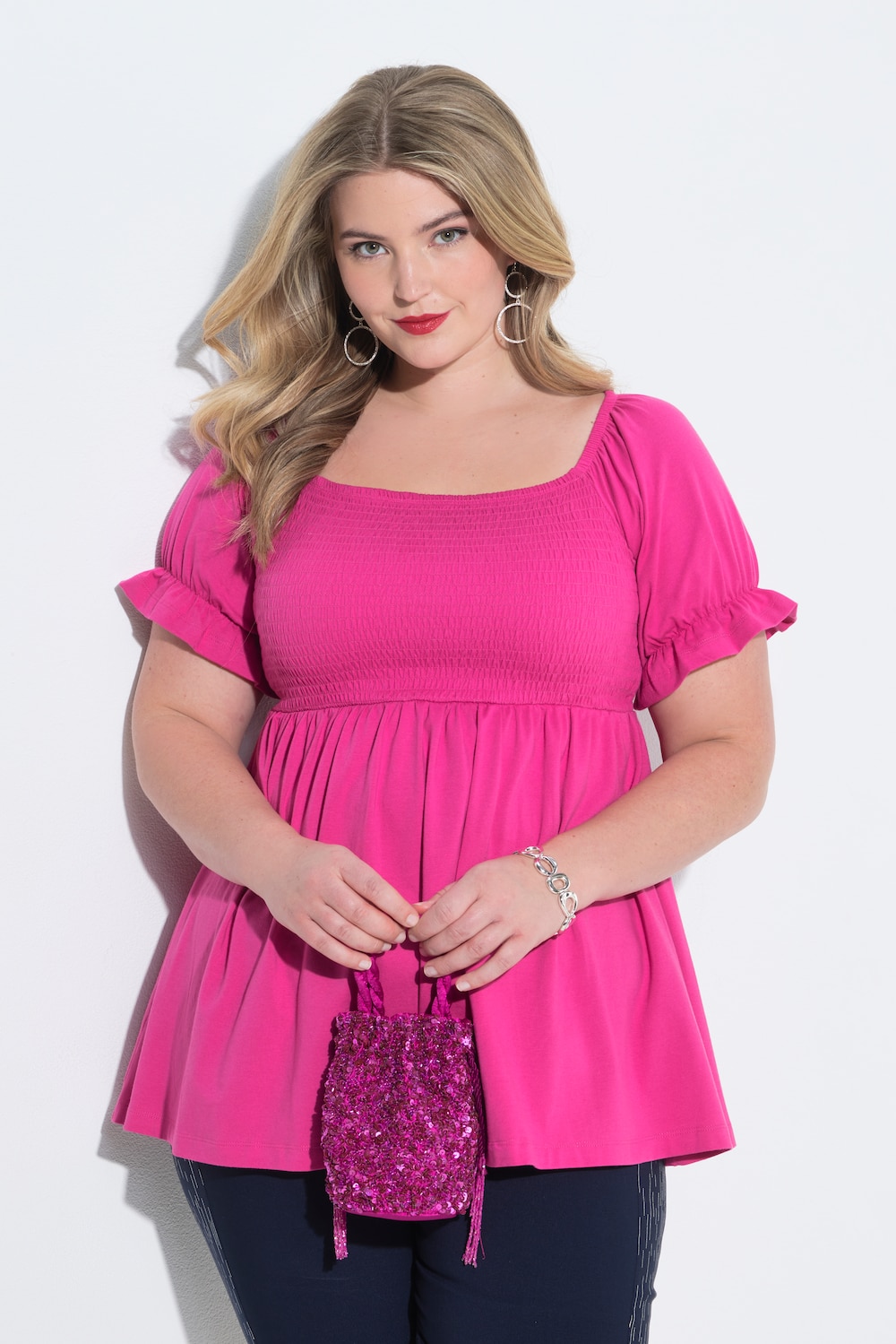 T-Shirt, A-Linie, gesmoktes Top, Halbarm