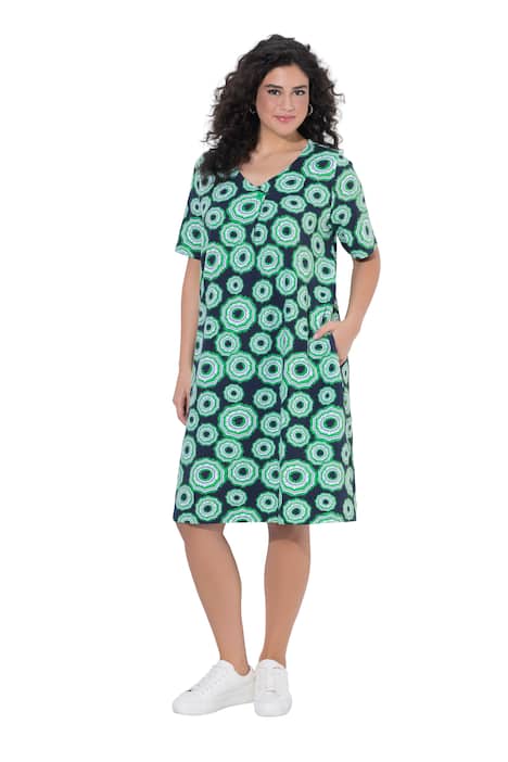 Žerzejové šaty, motiv se slunečníky, V výstřih, polodlouhý rukáv