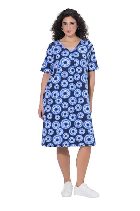 Žerzejové šaty, motiv se slunečníky, V výstřih, polodlouhý rukáv