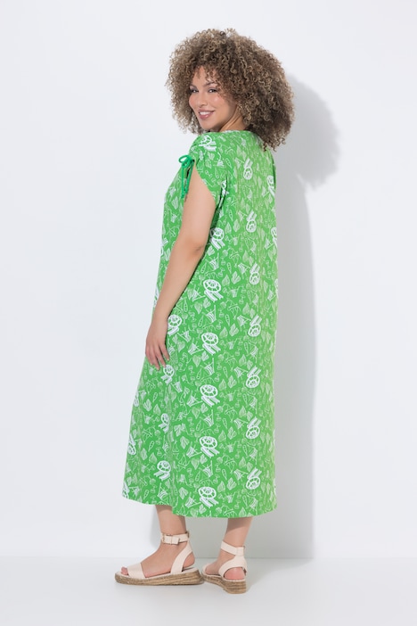 Abito midi dal taglio svasato e smanicato con scollo a girocollo e laccetti per l'arricciatura