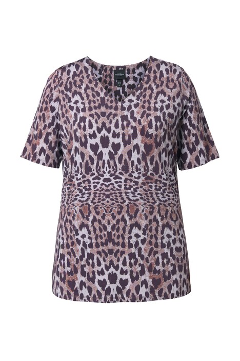 Přiléhavé tričko, leopardí motiv, klasický střih, V výstřih, polo rukávy