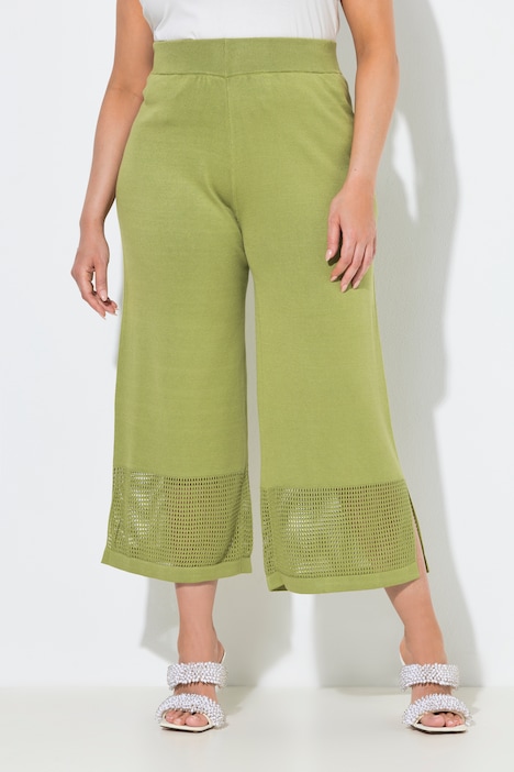 Spodnie z dzianiny, ażurowe paski, szeroka nogawka, elastyczny pas