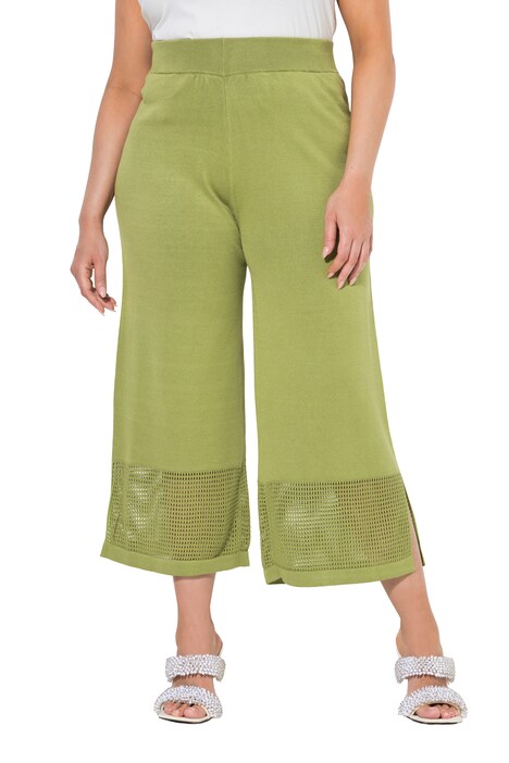 Pletené kalhoty, dírkovaný úplet s pruhy, široké nohavice, elastický pas