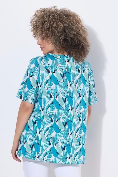 T-shirt, toekan-patroon, sierplooien, V-hals, korte mouwen