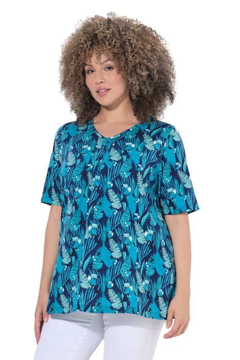 Tričko, motiv s tukany, ozdobné záhyby, V výstřih, polodlouhý rukáv