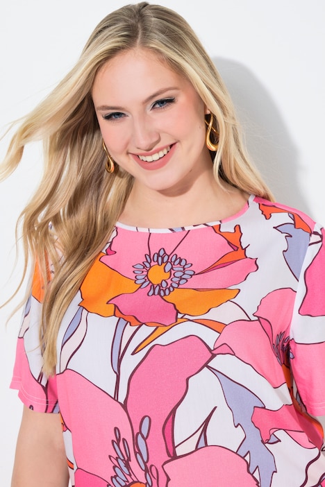 Blusa, flores, cinta plisada, cuello redondo, media manga