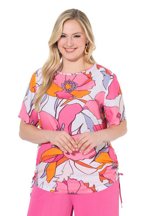 Halenka, květinový potisk, nabírané proužky, kulatý výstřih, polodlouhý rukáv