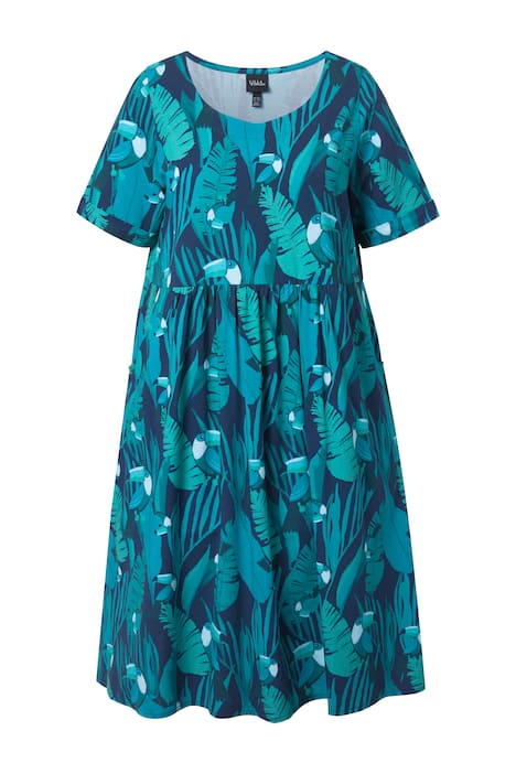 Midi šaty, motiv s tukany, áčkový střih, kulatý výstřih, polodlouhý rukáv