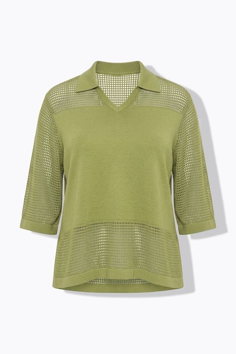 Camiseta de punto, punto calado, escote en V, manga corta