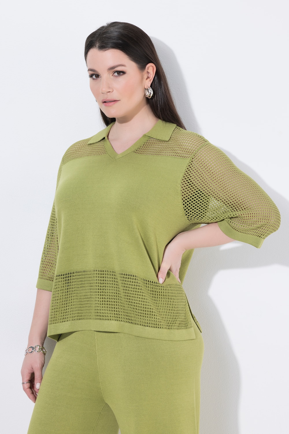 Strickshirt, Lochstrick, V-Ausschnitt, Halbarm