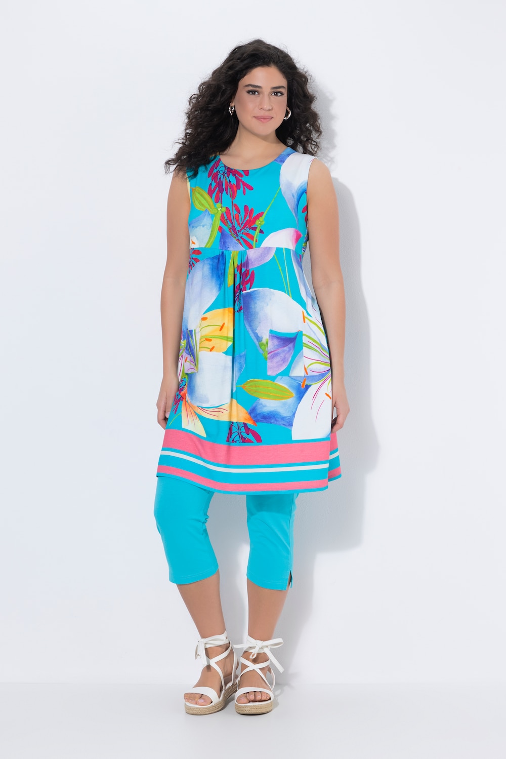 Jerseykleid, Bordüre, Rundhals, ärmellos, Taschen