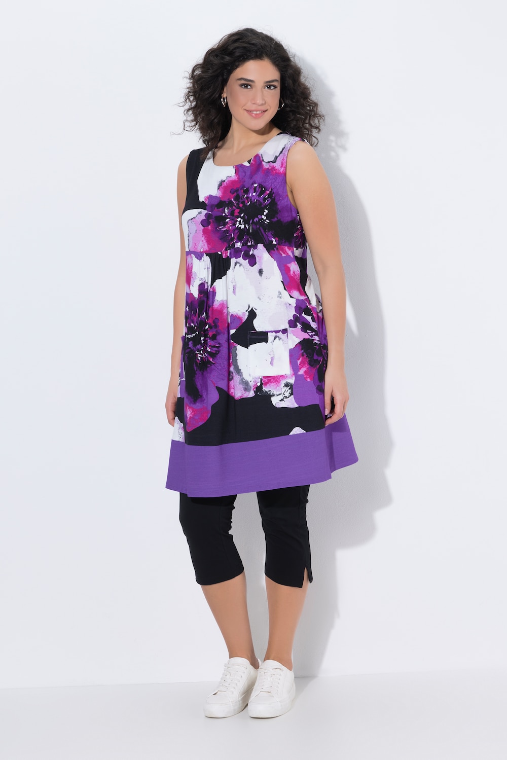 Jerseykleid, Bordüre, Rundhals, ärmellos, Taschen