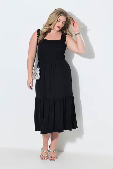 Gesmokte midi-jurk, mouwloze A-lijn, lievelingskleuren