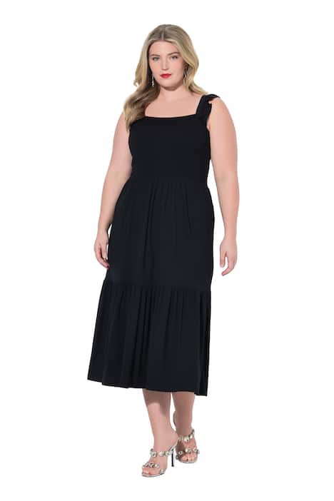 Midi šaty s elastickým řaseným pasem, bez rukávů, áčkový střih