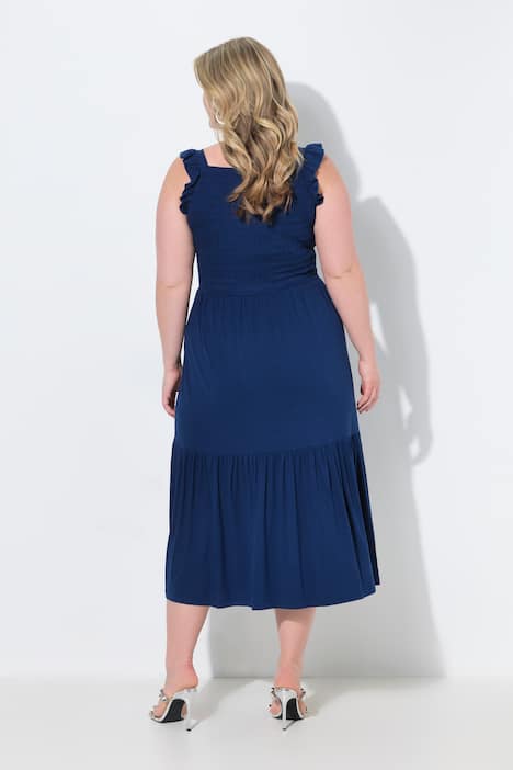 Gesmokte midi-jurk, mouwloze A-lijn, lievelingskleuren