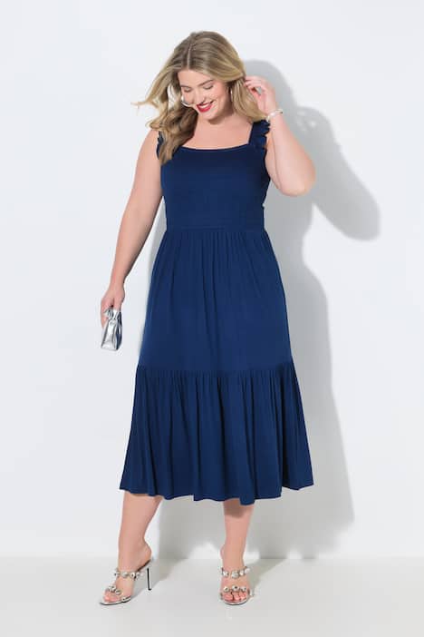 Gesmokte midi-jurk, mouwloze A-lijn, lievelingskleuren