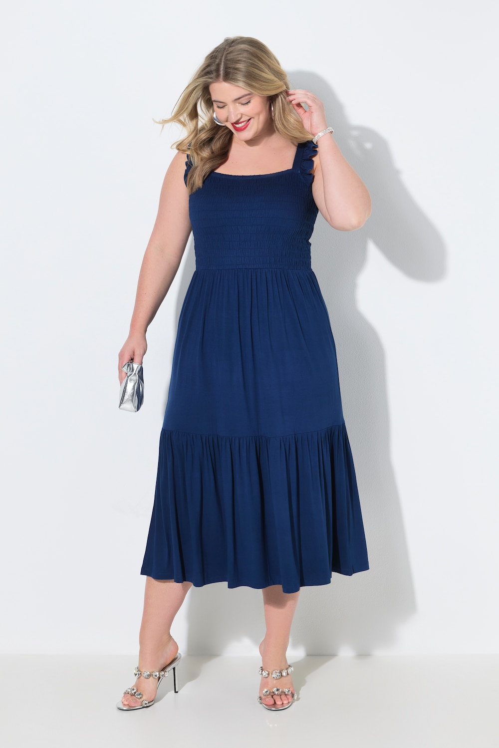 Gesmokte midi-jurk, mouwloze A-lijn, lievelingskleuren