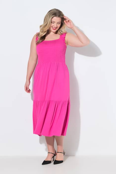 Gesmokte midi-jurk, mouwloze A-lijn, lievelingskleuren