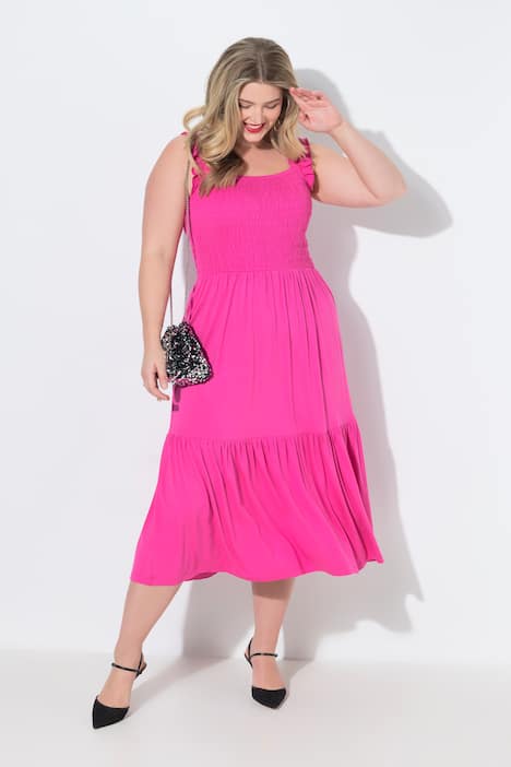 Gesmokte midi-jurk, mouwloze A-lijn, lievelingskleuren