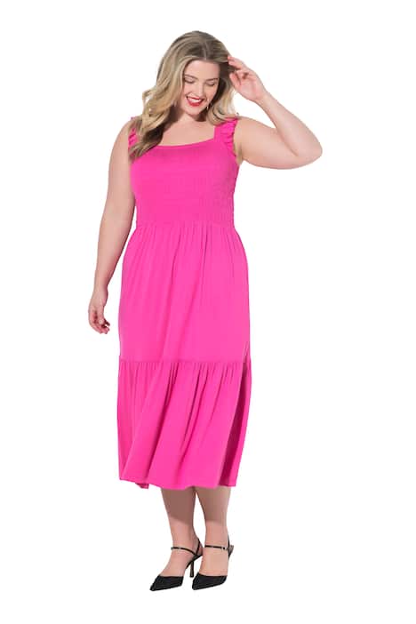 Midi šaty s elastickým řaseným pasem, bez rukávů, áčkový střih