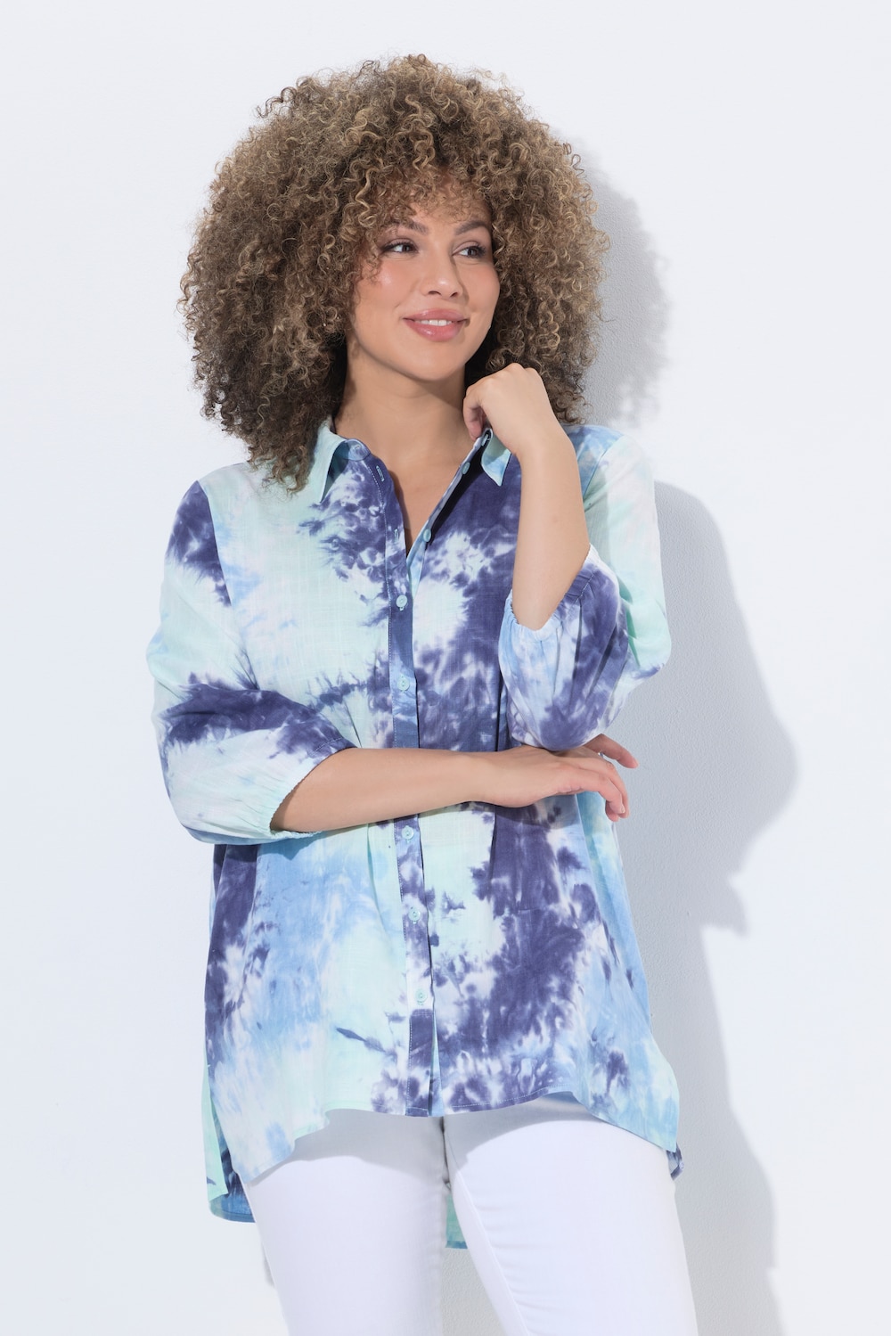 Bluse, Leinenmix, Hemdkragen, 3/4-Arm