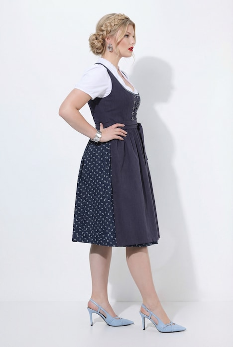 Leinenmix-Dirndl, Blüten, Carré-Ausschnitt, Schnürung