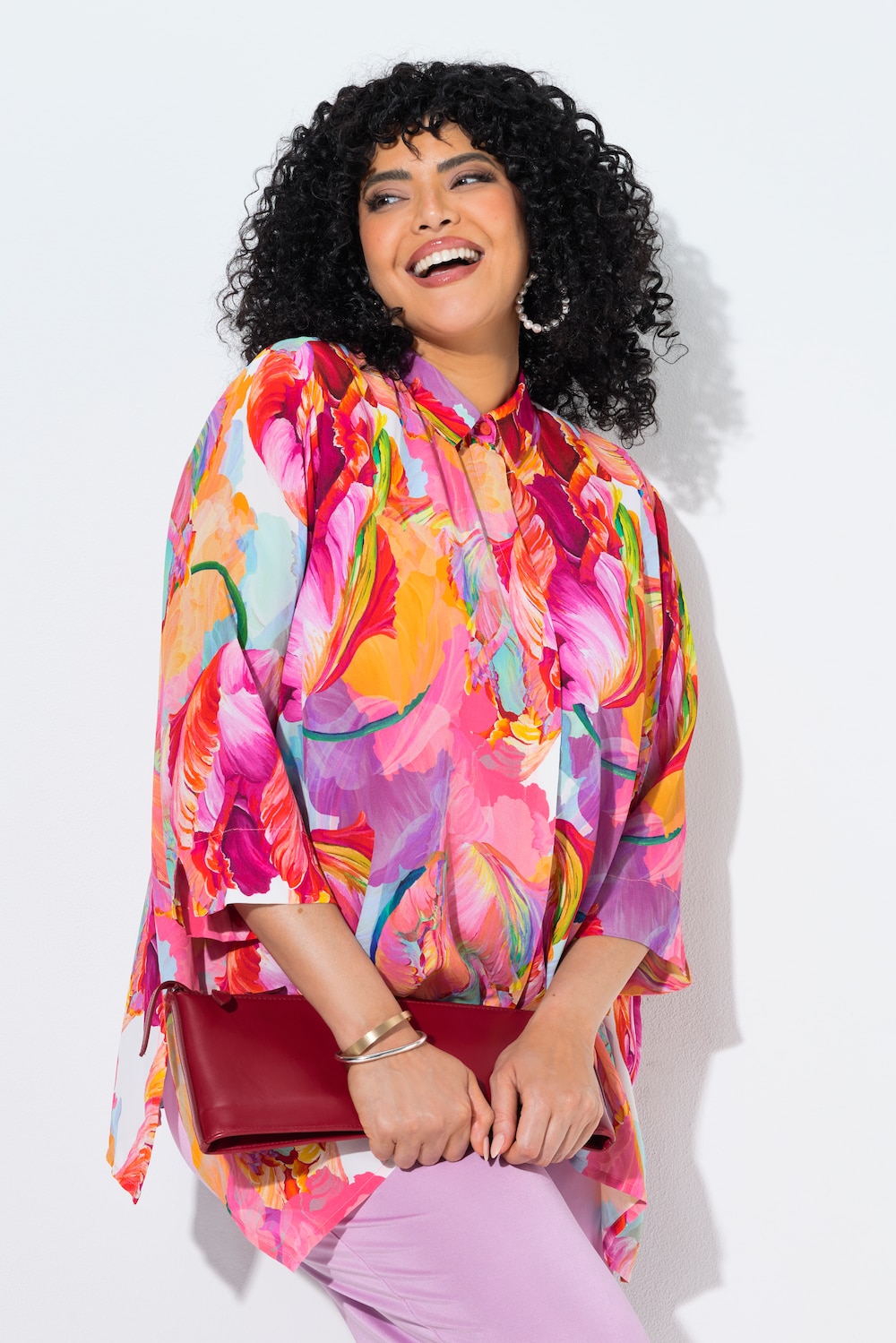 Bluse, Aquarell-Design, A-Linie, Hemdkragen, 3/4-Arm