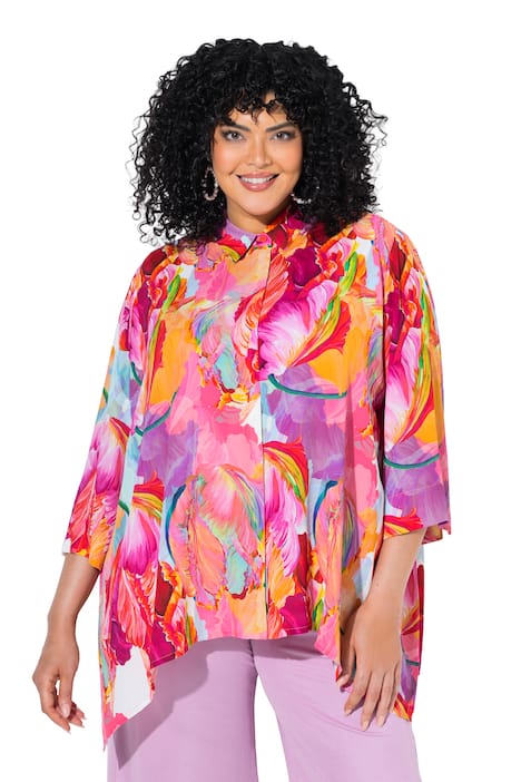 Halenka, akvarelový vzor, áčkový střih, košilový límec, 3/4 rukávy