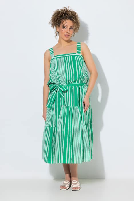 Vestido maxi, rayas, escote cuadrado con fruncido smock, sin mangas