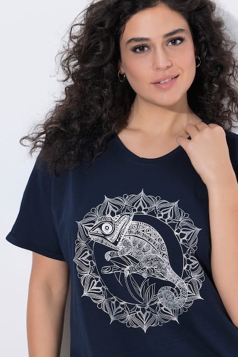 T-Shirt, Metallic-Tiermandala, V-Ausschnitt, Halbarm
