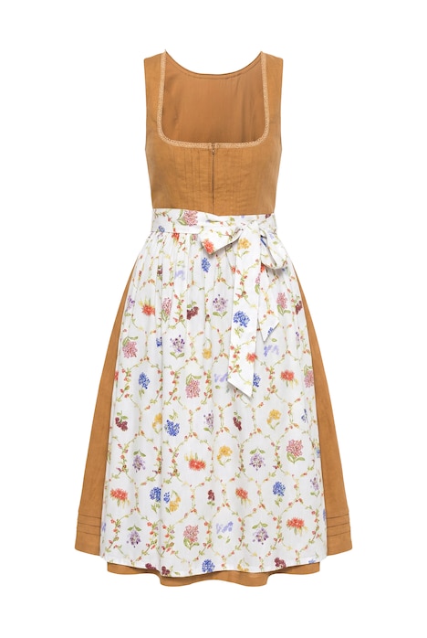Dirndl ze lněné směsi, záhyby, květiny, hranatý výstřih