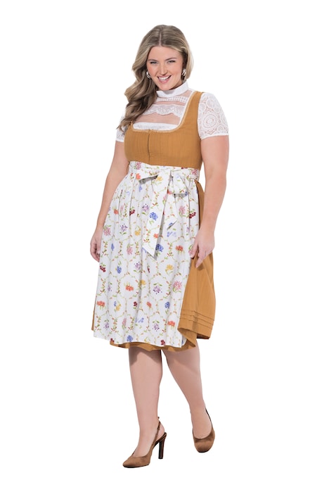 Dirndl ze lněné směsi, záhyby, květiny, hranatý výstřih