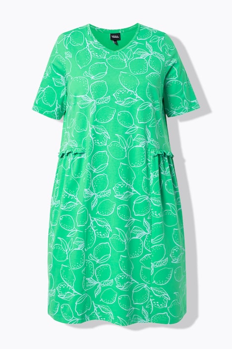 Sukienka z dżerseju, cytryny, falbany, dekolt w serek, rękaw 1/2