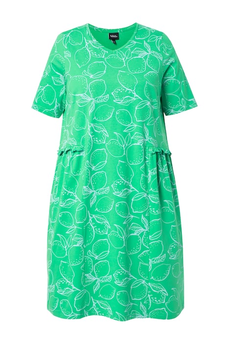 Žerzejové šaty, potisk s citrony, nabírání, V výstřih, polodlouhý rukáv