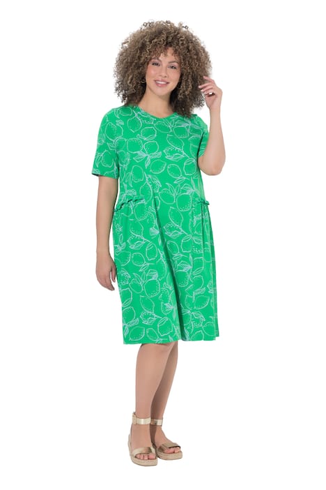 Žerzejové šaty, potisk s citrony, nabírání, V výstřih, polodlouhý rukáv