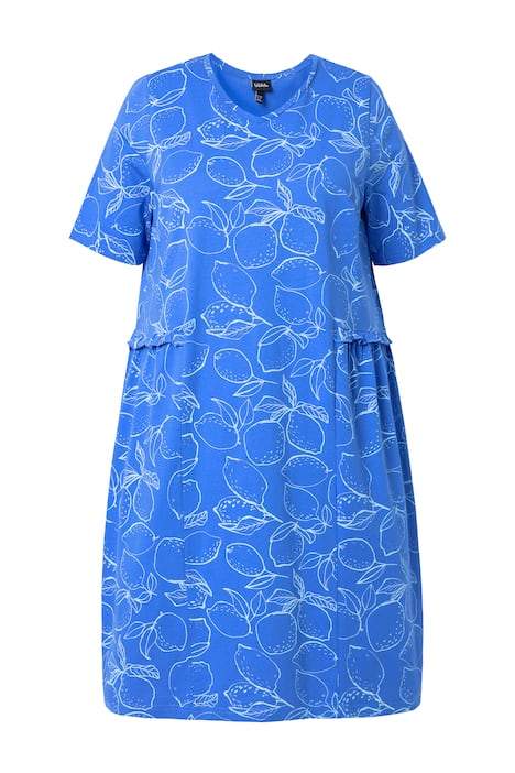 Žerzejové šaty, potisk s citrony, nabírání, V výstřih, polodlouhý rukáv