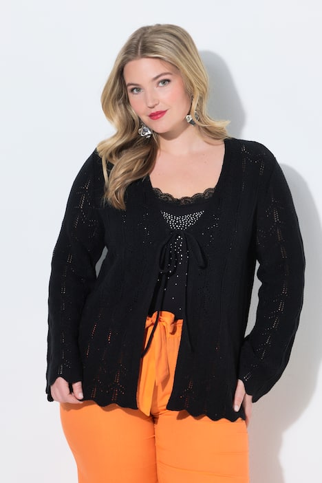 Strickjacke, gerade Passform, Ajourstrick, Langarm