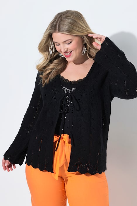 Cardigan coupe droite, manches longues et maille ajourée