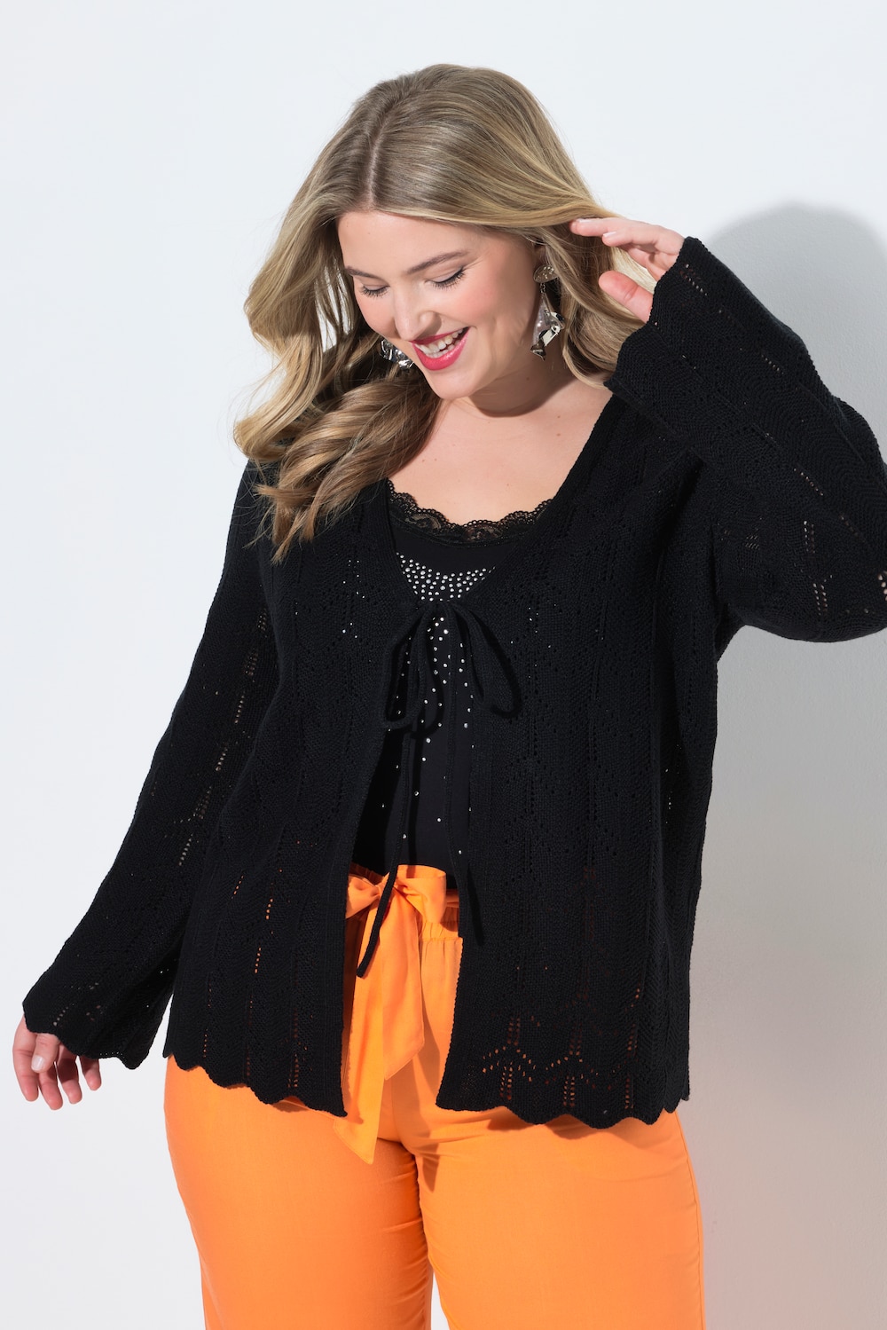 Strickjacke, gerade Passform, Ajourstrick, Langarm