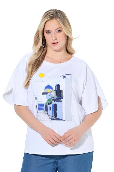 Tričko, motiv Santorini, volný střih, kulatý výstřih, polodlouhý rukáv