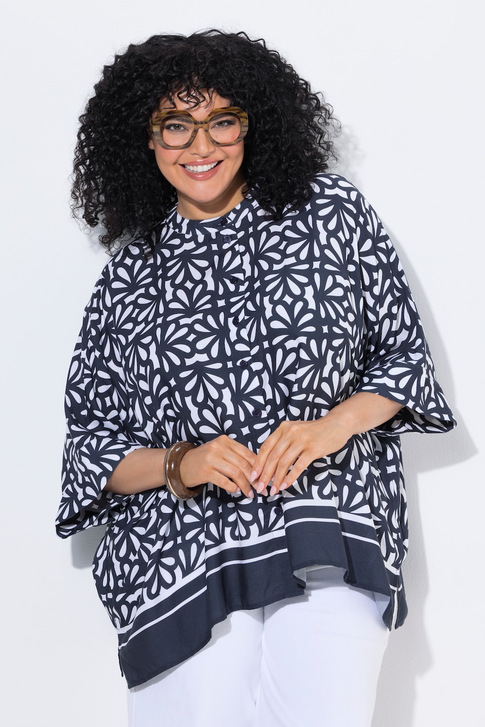 Bluse, print, oversized, rund hals, korte ermer