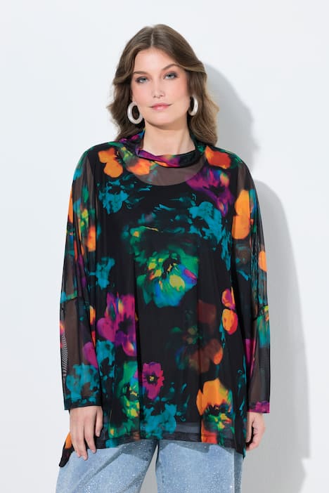 Mesh blouse, oversized, bloemenmotief