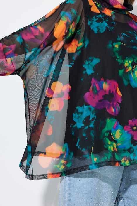 Mesh blouse, oversized, bloemenmotief