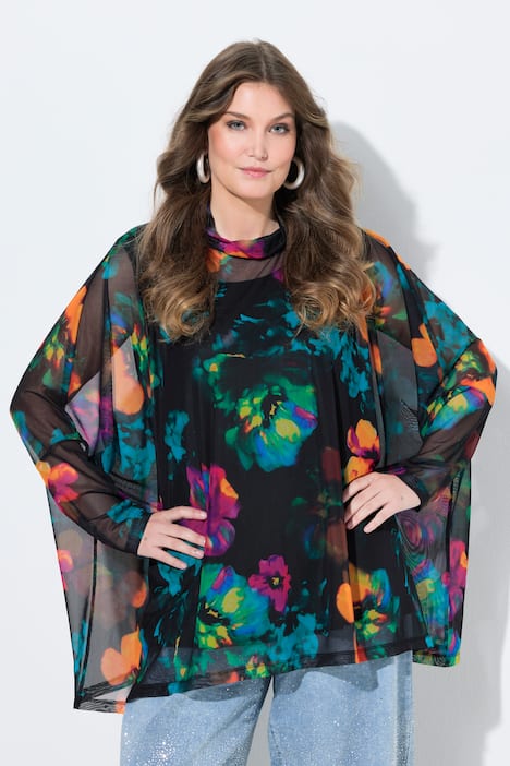Mesh blouse, oversized, bloemenmotief