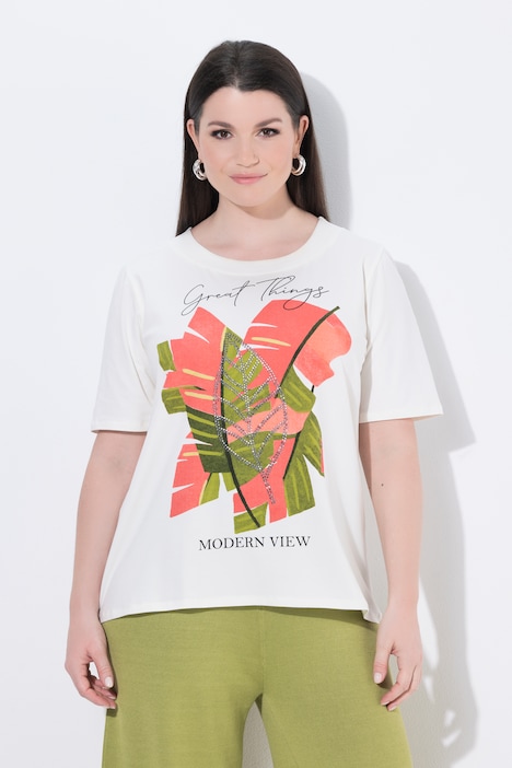 T-shirt, stampa Tropical, scollo tondo, mezze maniche