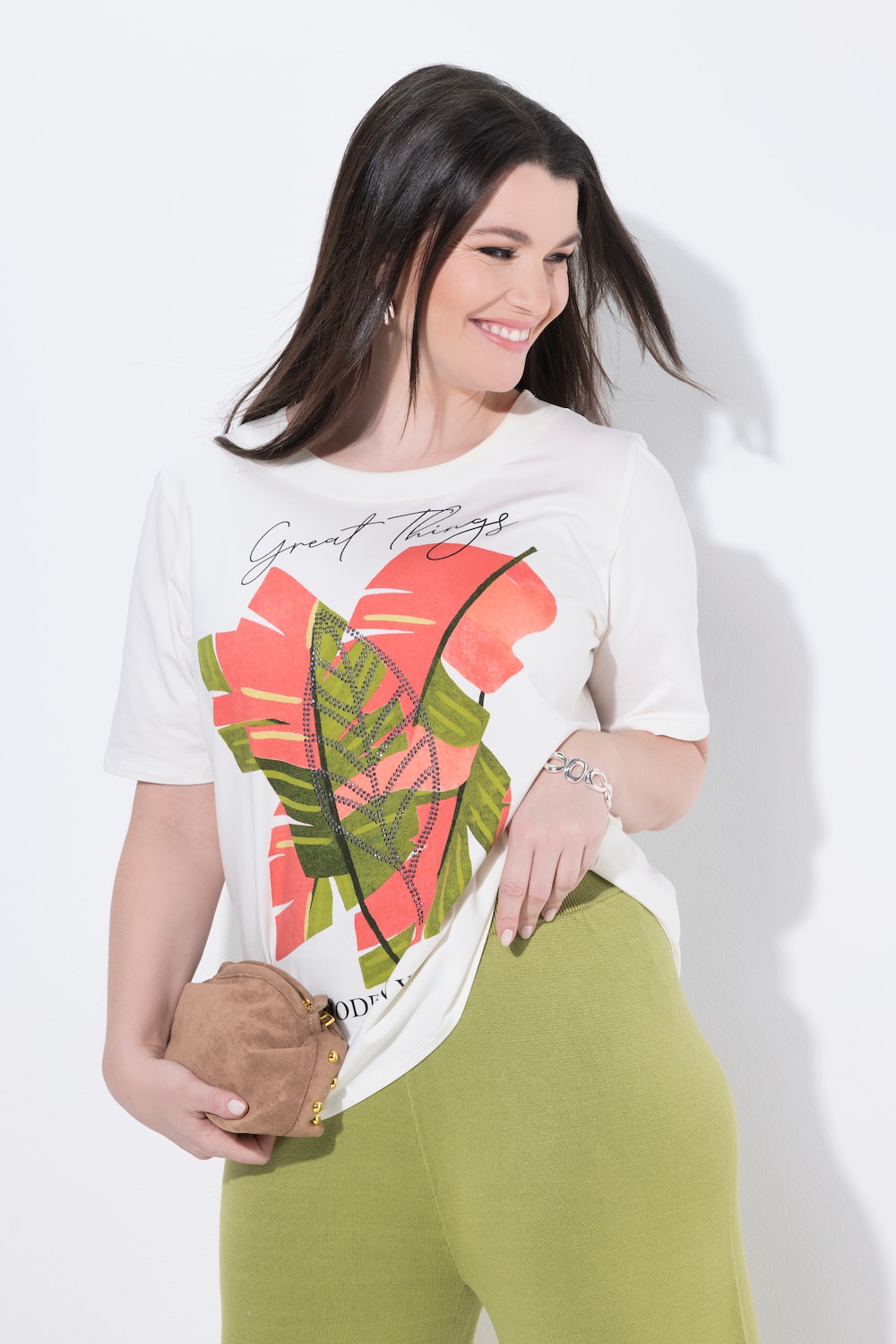 T-shirt, palmbladeren, ronde hals, korte mouw