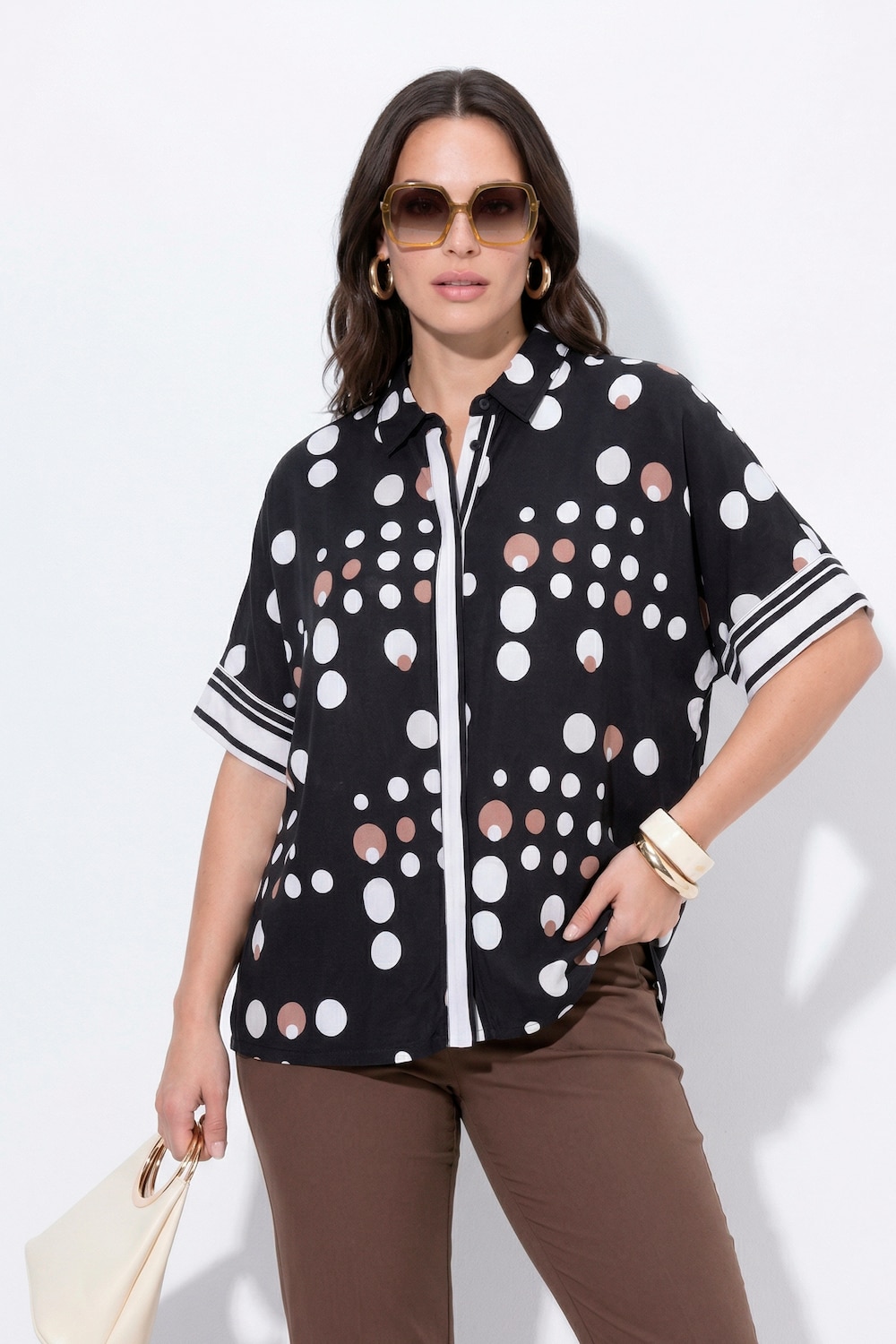 Slinky-Bluse, Punkte, Oversized, Hemdkragen, Halbarm