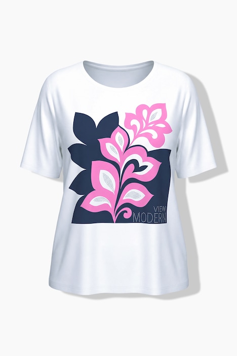 T-Shirt, Palmenblätter, Boxy, Rundhals, Halbarm, Saumband